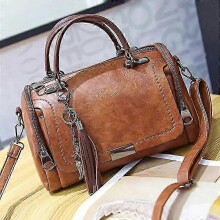 (CAMEL) Large Tassel Shoulder Bag with Zipper Closure, Boston Style Crossbody Bag with Detachable Strap