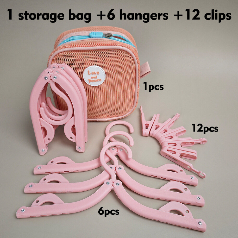 (Pink Clips) Travel Plastic Compact Hanger With Carry Bag And Clips For Packing Room Dorm 693746288414