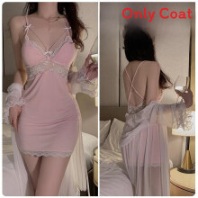 (White Coat,OneSize)Sleeveless Satin Nightgown With Chest Pad For Women Sleepwear And Lounge