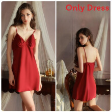 (JujubeRed,XL)Silk Satin Sleep Dress With V Neck And Chest Pad For Comfortable Home Wear