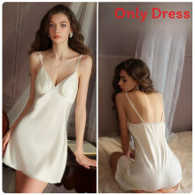 (BananaYellow,L)Silk Satin Sleep Dress With V Neck And Chest Pad For Comfortable Home Wear