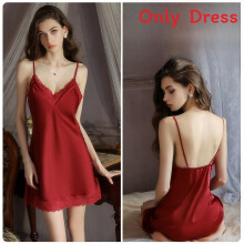(Maroon,L)Youth Female Satin Sleep Dress With Vneck And Breathable Fabric For Home Use