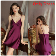 (PurplePink,L)Vestido de dormir de cetim de seda com decote em V e almofada no peito para uso confortável em casa