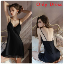 (Black,L)Youth Female Satin Sleep Dress With Vneck And Breathable Fabric For Home Use
