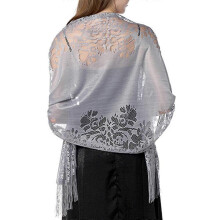 (Grey) Women Lace Tassels Scarf Shawl Soft Fringe Wrap For Wedding Evening Party Cocktail Dress