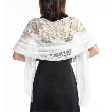 (White) Women Lace Tassels Scarf Shawl Soft Fringe Wrap For Wedding Evening Party Cocktail Dress