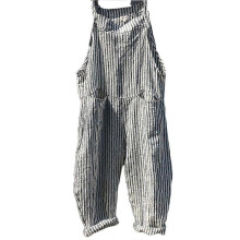 (3XL, Grey) Women's Ladies Summer Striped Casual Loose Long Bib Overalls Pants Wide Leg Jumpsuits Baggy Rompers Trousers With Pockets
