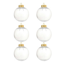 (8cm, Gold) Clear Christmas Ball with Removable Cap, Set of 6pcs Metal Hangers New Year Party Ornaments for DIY Holiday Decoration