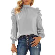 (XXL, granny gray) Women's Casual Loose Fitting Shirt Tops High Neck Long Sleeve T-Shirts Fall Tees Shirt Tunics Top White XL