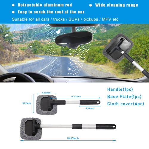Car Windshield Cleaner with Extendable Aluminum Handle, Streak Microfiber Pads, 180 Rotating Head (Gray Rectangle) 1