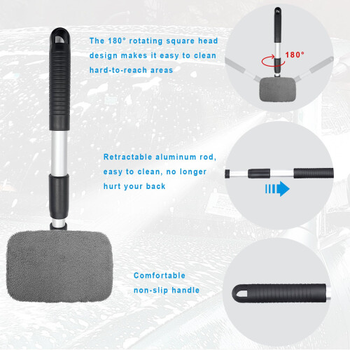 Car Windshield Cleaner with Extendable Aluminum Handle, Streak Microfiber Pads, 180 Rotating Head (Gray Rectangle) 2