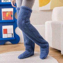 (Dark Blue) 1 Pairs Women Over Knee High Fuzzy Long Socks Plush Slipper Double Sided Plush Stockings Leg Warmers Winter Home Sleeping Socks - JA