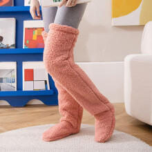 (Pink) 1 Pairs Women Over Knee High Fuzzy Long Socks Plush Slipper Double Sided Plush Stockings Leg Warmers Winter Home Sleeping Socks - JA
