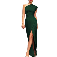 (XXXL, Green) Elegant One Shoulder Ruched Bodycon Dress with Thigh Split - Rose Red XXXL