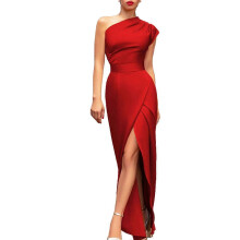 (XXL, Red) Elegant One Shoulder Ruched Bodycon Dress with Thigh Split - Rose Red XXXL