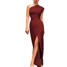(M, Burgundy) Elegant One Shoulder Ruched Bodycon Dress with Thigh Split - Rose Red XXXL