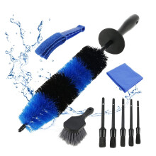 9pcs Car Wheel Cleaning Brush Set with Long Handle, Soft Bristles, Ergonomic Non‑Slip Grip