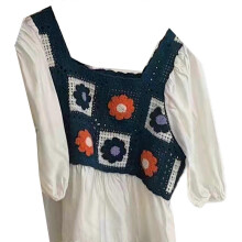 (Blue) Women Puff Short Sleeve Square Neck Shirt Crochet Floral Splicing Ruffles Blouse
