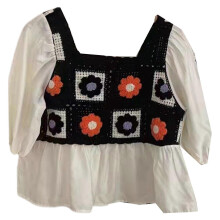 (Black) Women Puff Short Sleeve Square Neck Shirt Crochet Floral Splicing Ruffles Blouse
