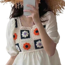 (White) Women Puff Short Sleeve Square Neck Shirt Crochet Floral Splicing Ruffles Blouse