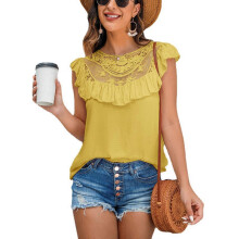(2XL, Yellow) Women Ruffle Short Sleeve for Tank Top Embroidery Lace Stitching Chiffon Blouse