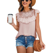 (M, Pink) Women Ruffle Short Sleeve for Tank Top Embroidery Lace Stitching Chiffon Blouse