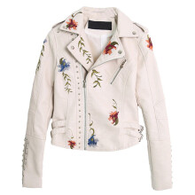 (XL, Beige) Floral Night Leather Jacket Women's Faux Leather Jackets Casual Short Coat for Spring Fall and Winter