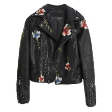 (L, Black) Floral Night Leather Jacket Women's Faux Leather Jackets Casual Short Coat for Spring Fall and Winter