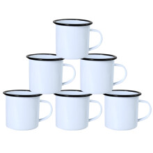 Enamel Camping Mugs Set of 6 White with Black Rim, Shatter Resistant Metal Coffee Cups for Outdoor and Home Use