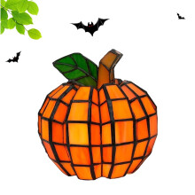 Colored Glass Pumpkin Lantern with Warm Ambient Lighting, Battery Operated Handmade Halloween Decor