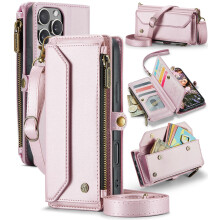 Wallet Case for iPhone 16 Pro Max Rose Gold PU Leather Crossbody 2 in 1 RFID Blocking with Strap and Zipper Pocket