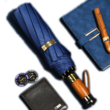 Windproof Travel Umbrella Automatic Open Close with Solid Wood Handle Compact Folding Business Blue