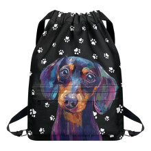 Dachshund Paw Print Drawstring Backpack with Zipper Pockets, Water Resistant Gym Bag for Travel