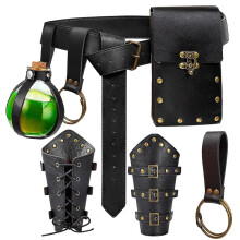 Medieval Leather Belt Pouch Set with Black Viking Bracer, Authentic Design for Renaissance Festival