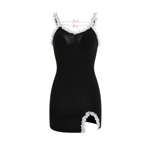 (L)Abito donna corto slip con dettaglio pizzo e materiale cotone elastico per dormire comodo 1