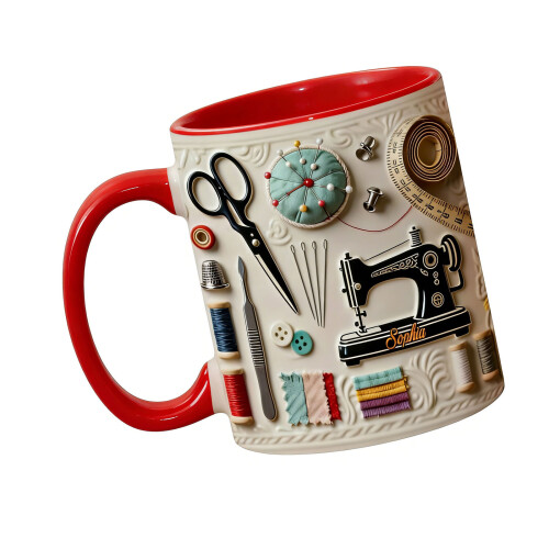 Artistic Sewing Inspired Ceramic Cup Microwave Safe And-Red