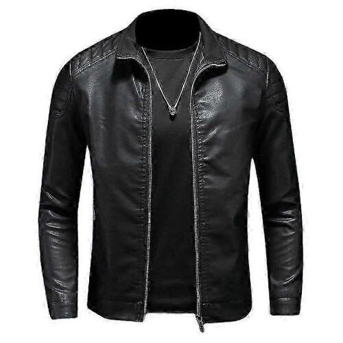(L, black) Spring New Men's Leather Jacket With Stand Collar
