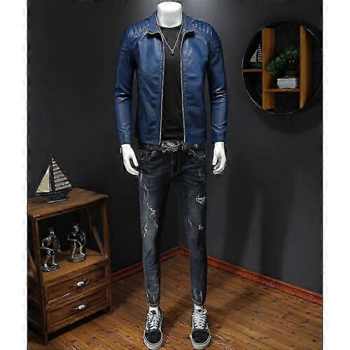 (XXXXL, blue) Spring New Men's Leather Jacket With Stand Collar 2