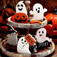 (set of 5) 2025 Cute Halloween Tiered Tray Decorations Indoor, Ghost Wooden Decor Pumpkin Blocks Signs for Party Home Decoration