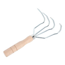 Heavy Duty Hand Garden Rake with 4 Claws, Durable Steel and Wooden Handle for Efficient Soil Loosening