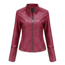 (2XL, Red) Womens Casual Zipper Down Stand Collar Leather Jacket