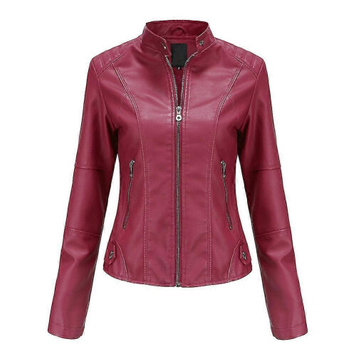 (2XL, Red) Womens Casual Zipper Down Stand Collar Leather Jacket