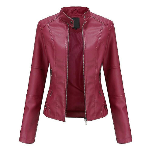 (2XL, Red) Womens Casual Zipper Down Stand Collar Leather Jacket 1