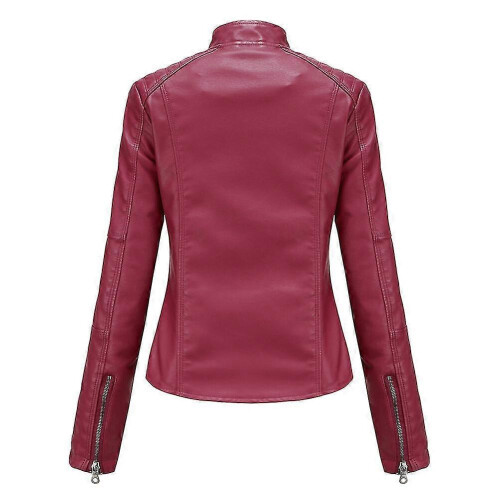 (2XL, Red) Womens Casual Zipper Down Stand Collar Leather Jacket 2