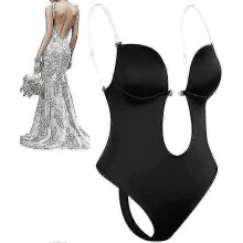 (XL, Black) Women Plunging Deep V-neck Body Shaper Strapless Backless Bodysuit Shapewear