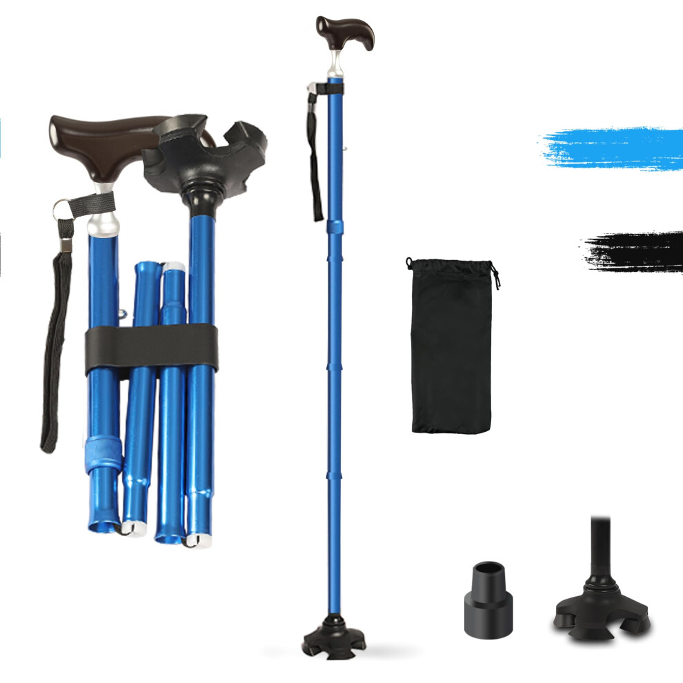 Blue Lightweight Folding Walking Cane With Ergonomic Wood Handle And Adjustable Height For Seniors