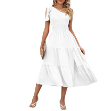 (M, White) Womens Vintage Tie One Shoulder A-Line Tiered Ruffle Hem Midi Long Dress Smocked High Waist Side Split Swing Dresses White XL