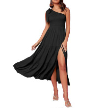 (M, Black) Womens Vintage Tie One Shoulder A-Line Tiered Ruffle Hem Midi Long Dress Smocked High Waist Side Split Swing Dresses White XL