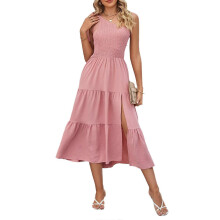 (L, pale pinkish gray) Womens Vintage Tie One Shoulder A-Line Tiered Ruffle Hem Midi Long Dress Smocked High Waist Side Split Swing Dresses White XL