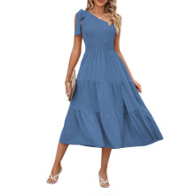 (XL, Denim Blue) Womens Vintage Tie One Shoulder A-Line Tiered Ruffle Hem Midi Long Dress Smocked High Waist Side Split Swing Dresses White XL